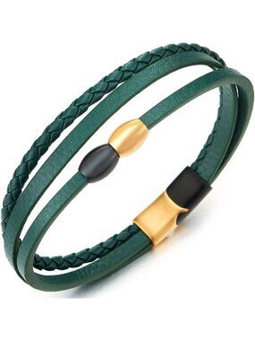 Stylish Green Braided Leather Bangle Bracelet with Gold & Black Bead Charm